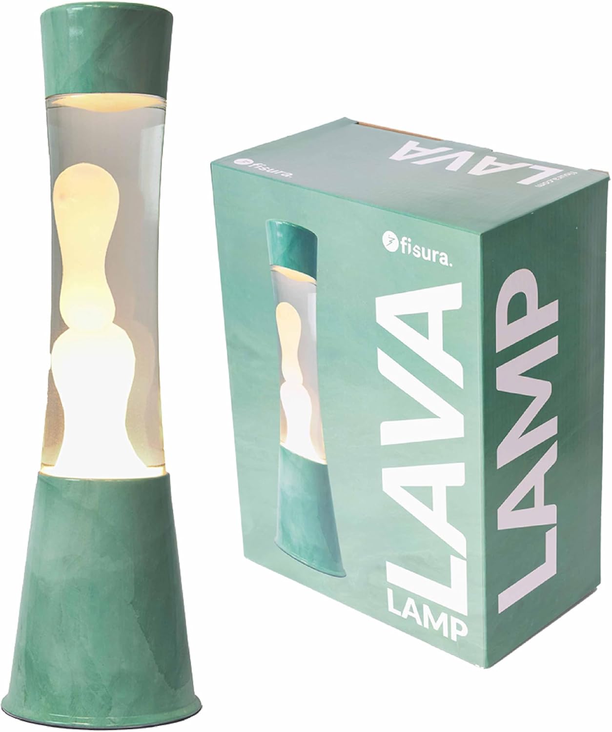 FISURA Lavalampe mit grünem Sockel und weißer Lava